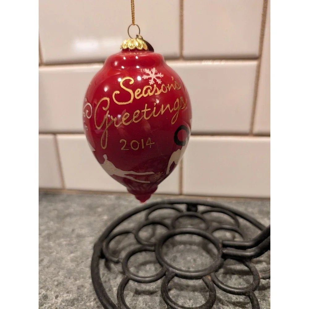 Pier 1 Red Reindeer Seasons Greetings 2014 Christmas Ornament Glass
